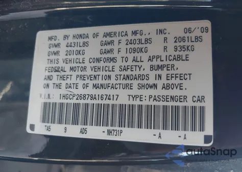 2009 Honda Accord 2.4 Ex-L from USA, damaged, VIN 1HGCP26879A167417